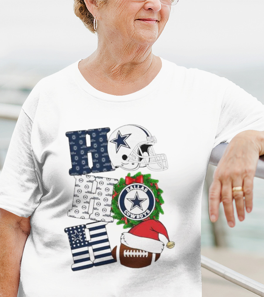 Dallas Cowboys Helmet Wreath Football Christmas Ho Ho Ho Merry Christmas T-Shirt