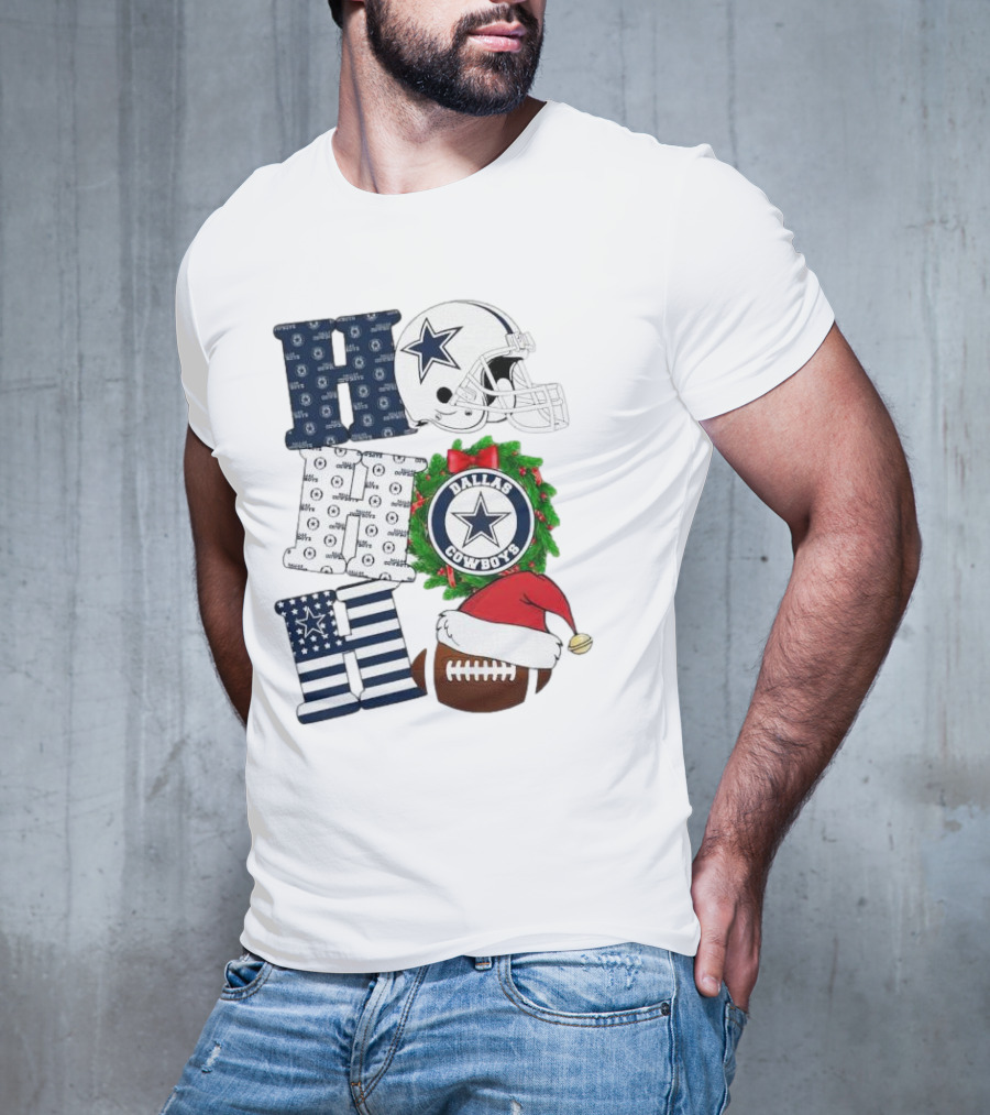 Dallas Cowboys Helmet Wreath Football Christmas Ho Ho Ho Merry Christmas T-Shirt