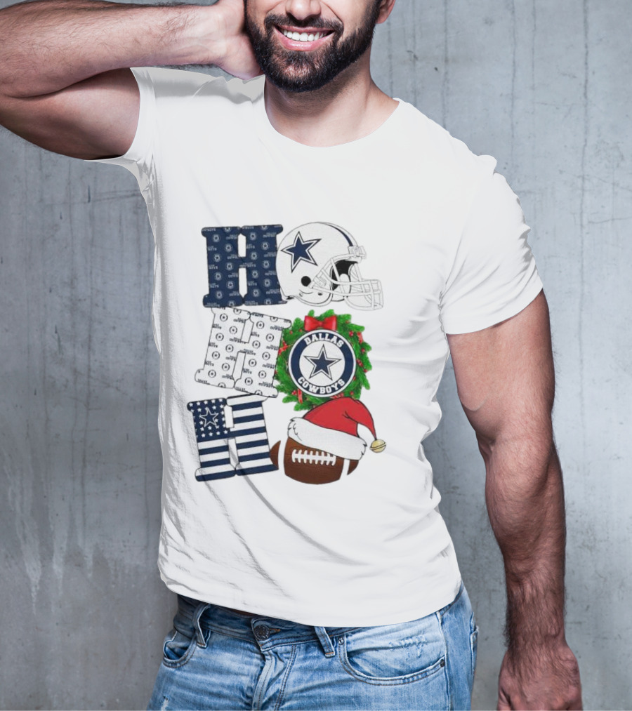 Dallas Cowboys Helmet Wreath Football Christmas Ho Ho Ho Merry Christmas T-Shirt