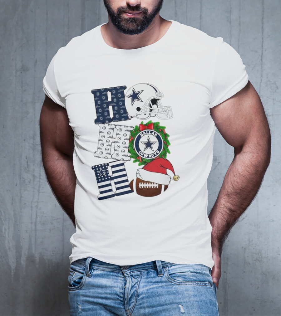 Dallas Cowboys Helmet Wreath Football Christmas Ho Ho Ho Merry Christmas T-Shirt