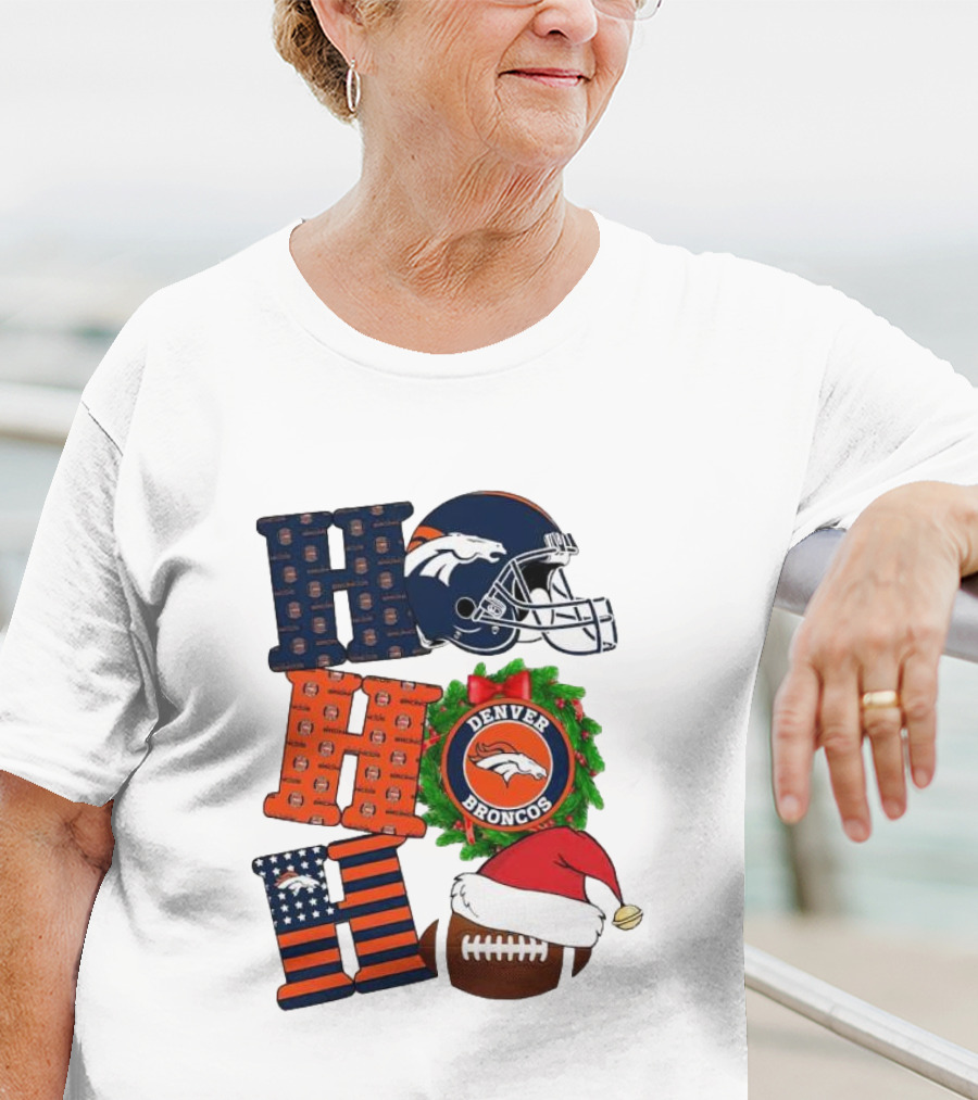 Denver Broncos Ho Ho Ho Merry Christmas Football Helmet Wreath Santa Hat Holiday T-Shirt