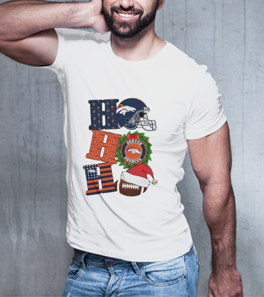 Denver Broncos Ho Ho Ho Merry Christmas Football Helmet Wreath Santa Hat Holiday T-Shirt