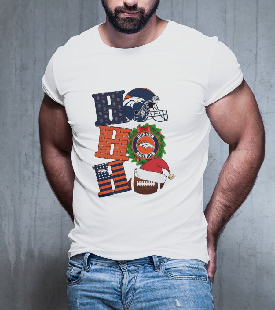 Denver Broncos Ho Ho Ho Merry Christmas Football Helmet Wreath Santa Hat Holiday T-Shirt