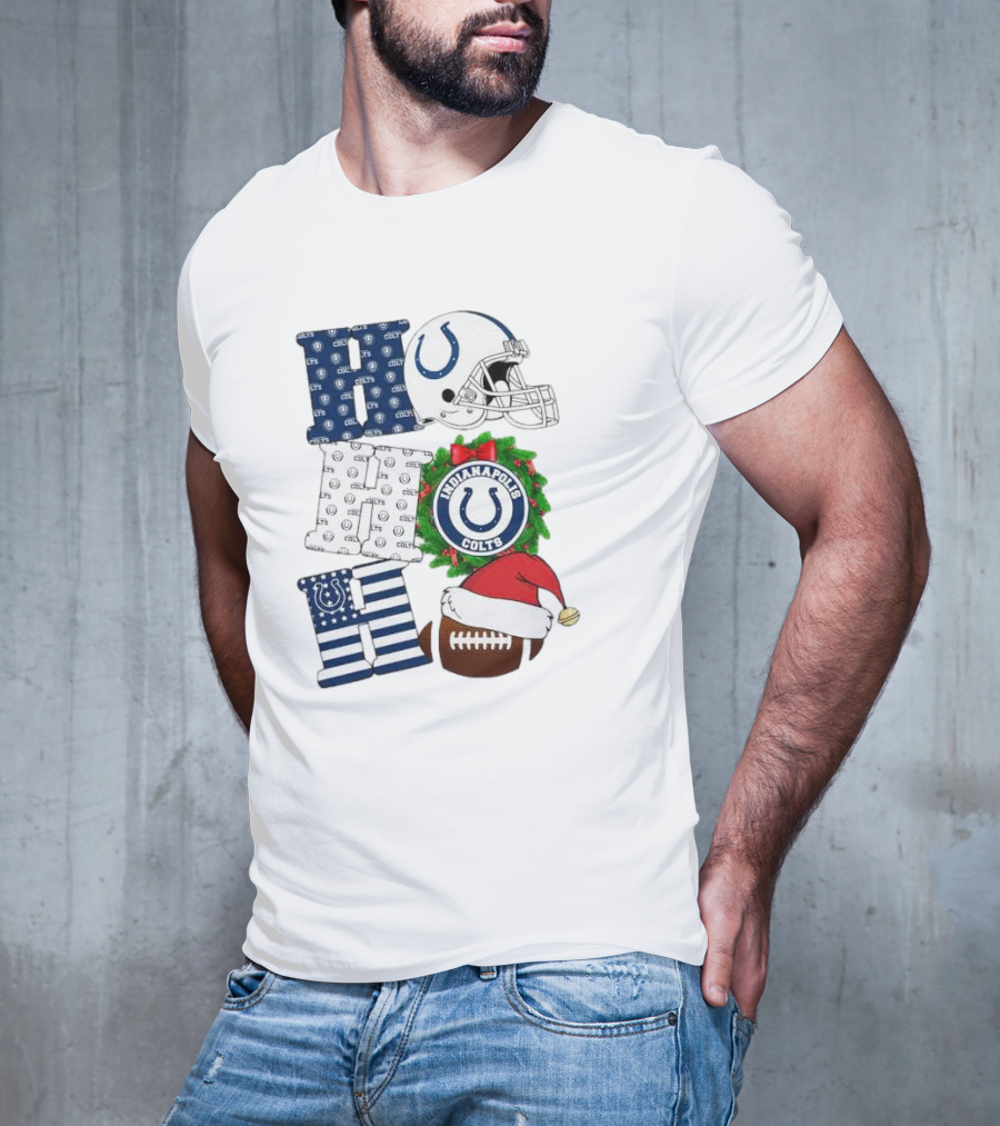 Indianapolis Colts Ho Ho Ho Merry Christmas Football Festive Logo Helmet Wreath Santa Hat T-Shirt