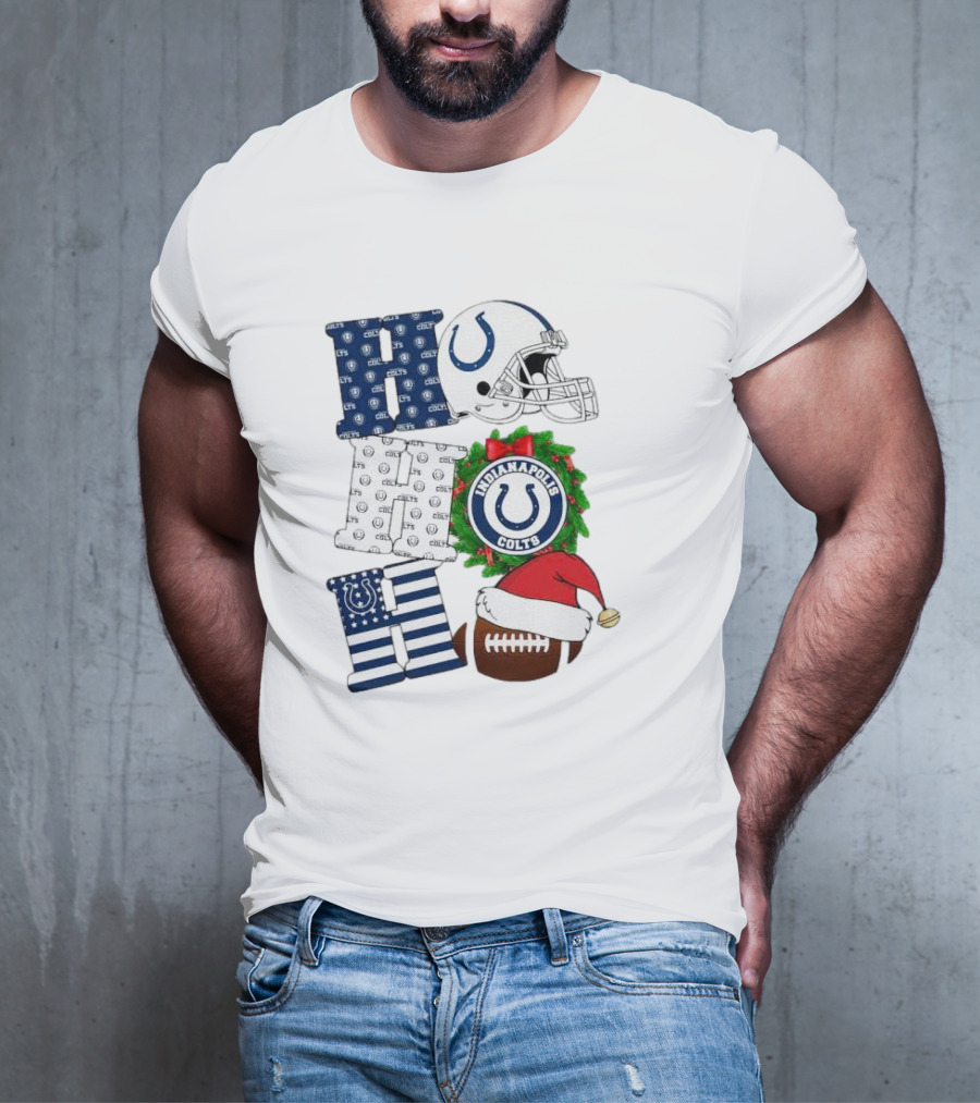 Indianapolis Colts Ho Ho Ho Merry Christmas Football Festive Logo Helmet Wreath Santa Hat T-Shirt