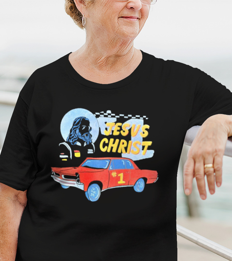 Jesus Christ Racing Champion With Red Car And Checkered Flag T-Shirt