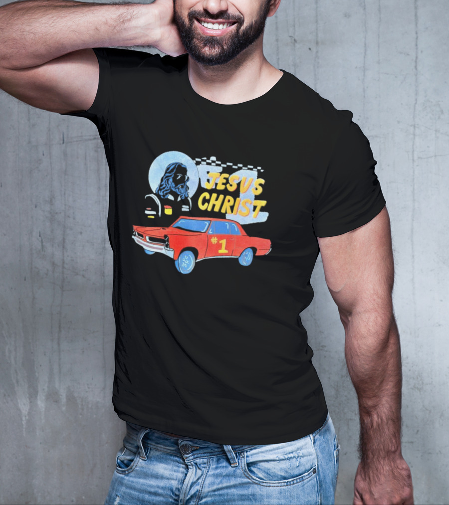 Jesus Christ Racing Champion With Red Car And Checkered Flag T-Shirt