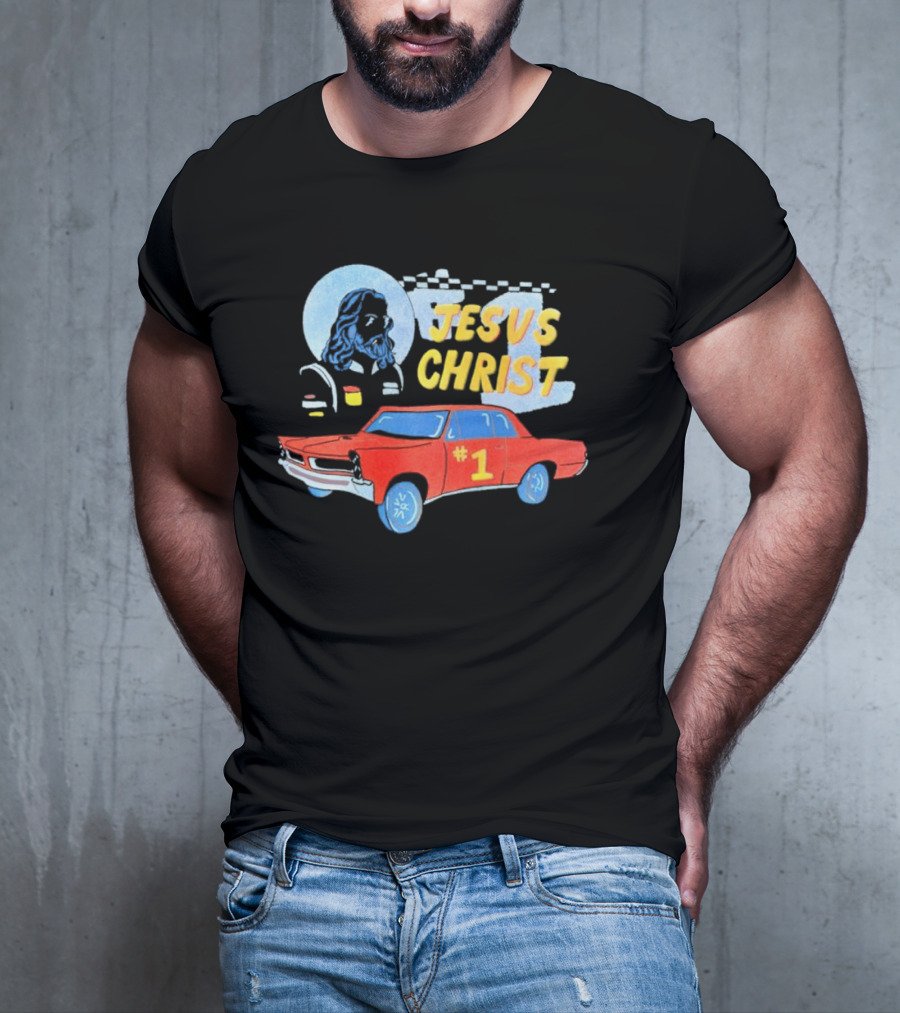 Jesus Christ Racing Champion With Red Car And Checkered Flag T-Shirt