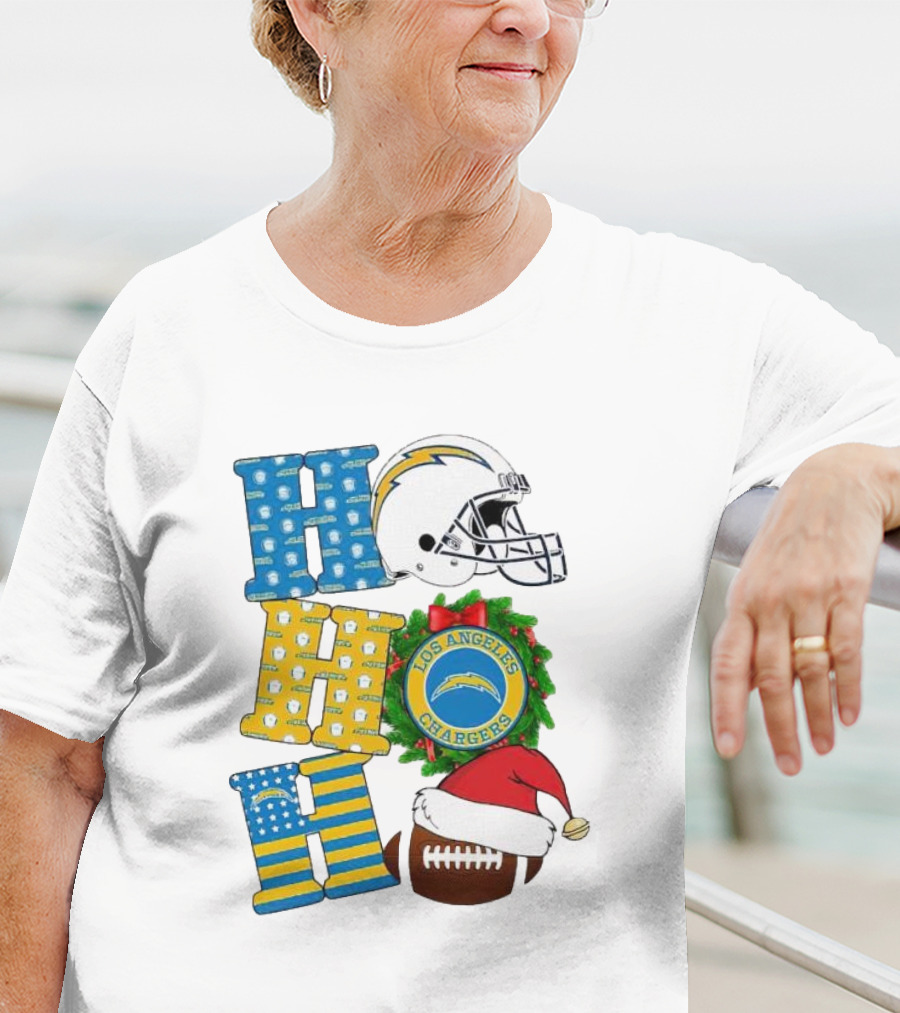 Los Angeles Chargers Ho Ho Ho Merry Christmas Wreath Helmet Football Santa Hat Featured T-Shirt