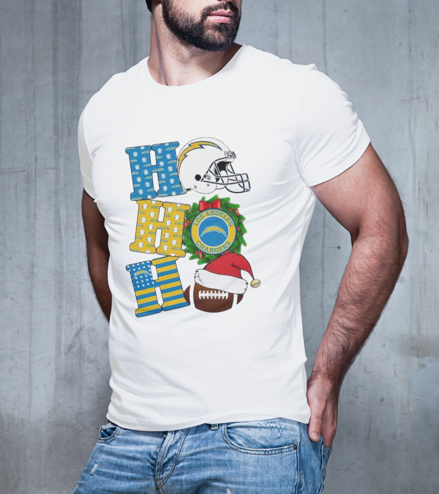Los Angeles Chargers Ho Ho Ho Merry Christmas Wreath Helmet Football Santa Hat Featured T-Shirt
