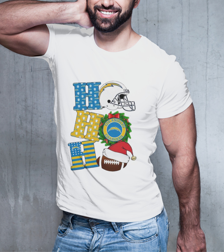 Los Angeles Chargers Ho Ho Ho Merry Christmas Wreath Helmet Football Santa Hat Featured T-Shirt