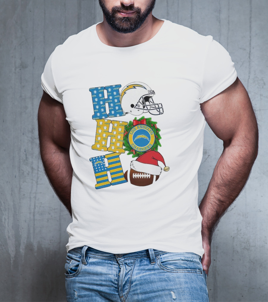 Los Angeles Chargers Ho Ho Ho Merry Christmas Wreath Helmet Football Santa Hat Featured T-Shirt