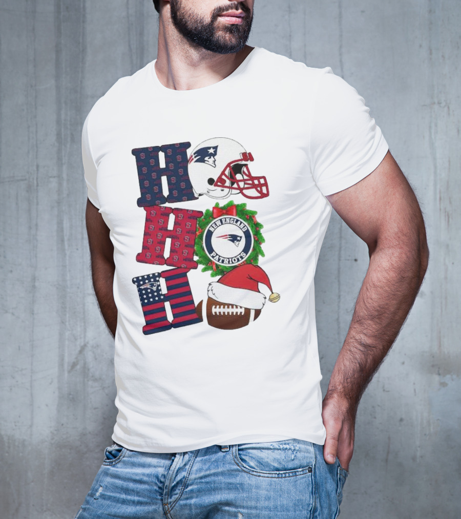 New England Patriots Ho Ho Ho Merry Christmas Football Helmet Wreath Santa Hat Football T-Shirt