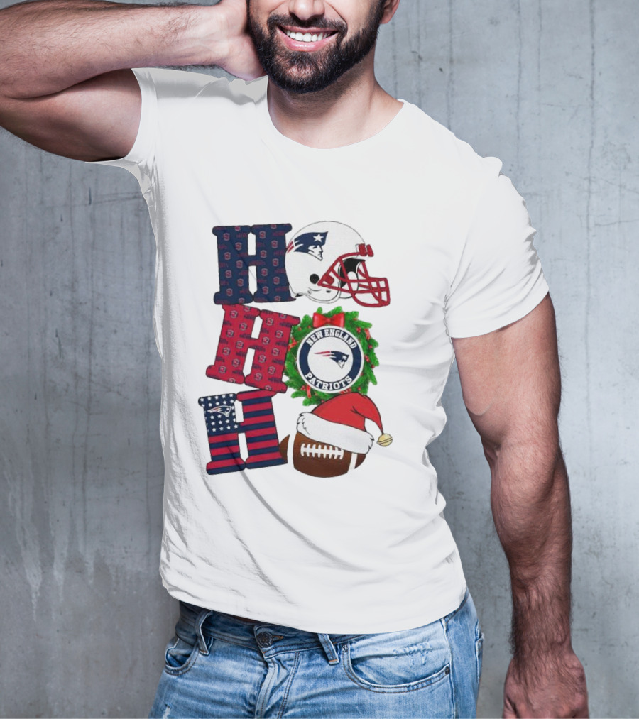 New England Patriots Ho Ho Ho Merry Christmas Football Helmet Wreath Santa Hat Football T-Shirt