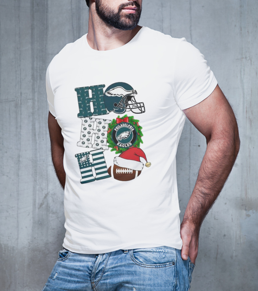Philadelphia Eagles Ho Ho Ho Merry Christmas Football Helmet Wreath Santa Hat T-Shirt