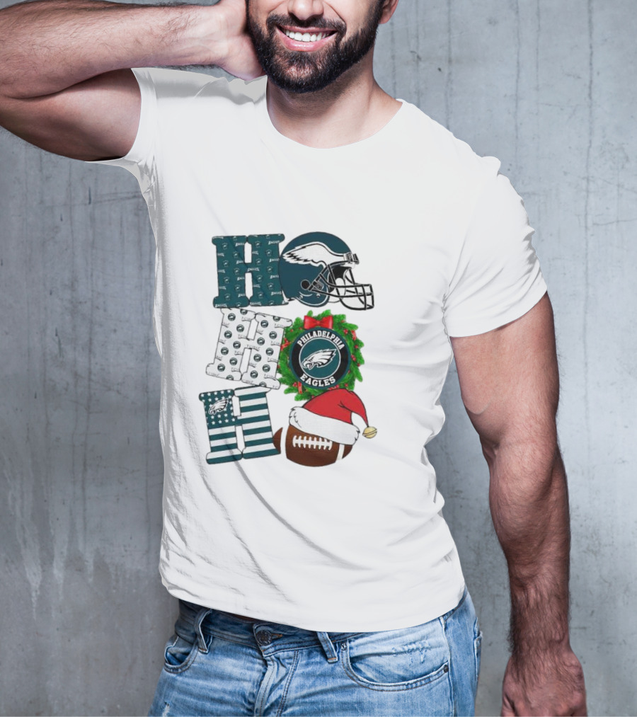 Philadelphia Eagles Ho Ho Ho Merry Christmas Football Helmet Wreath Santa Hat T-Shirt