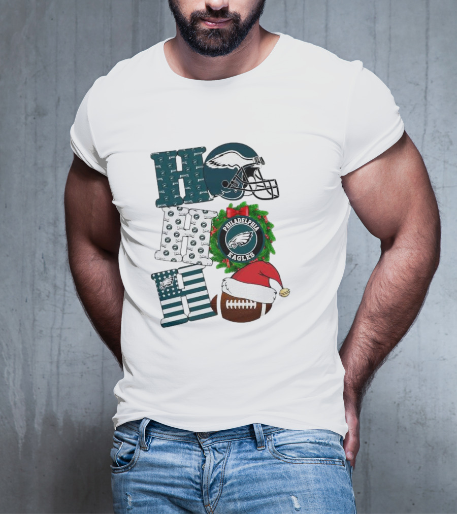 Philadelphia Eagles Ho Ho Ho Merry Christmas Football Helmet Wreath Santa Hat T-Shirt