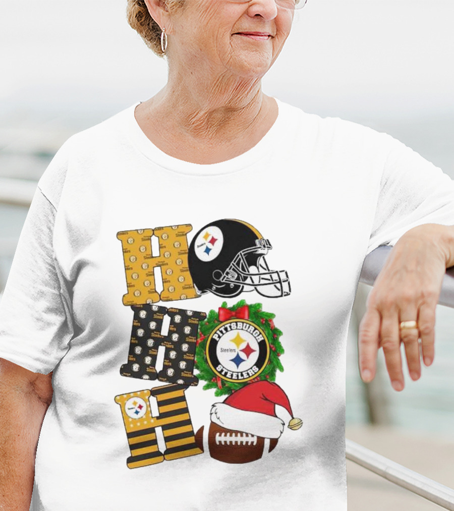 Pittsburgh Steelers Ho Ho Ho Merry Christmas Football Helmet Wreath Santa Hat T-Shirt