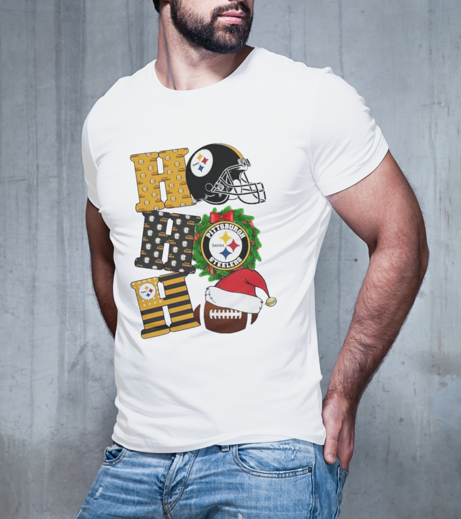 Pittsburgh Steelers Ho Ho Ho Merry Christmas Football Helmet Wreath Santa Hat T-Shirt