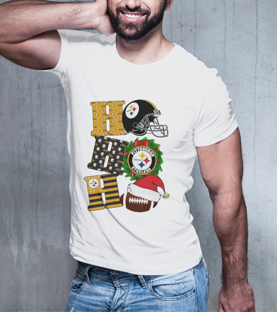 Pittsburgh Steelers Ho Ho Ho Merry Christmas Football Helmet Wreath Santa Hat T-Shirt