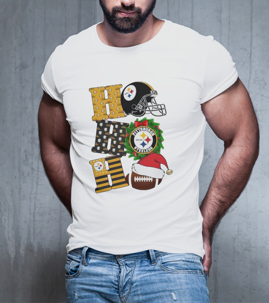 Pittsburgh Steelers Ho Ho Ho Merry Christmas Football Helmet Wreath Santa Hat T-Shirt
