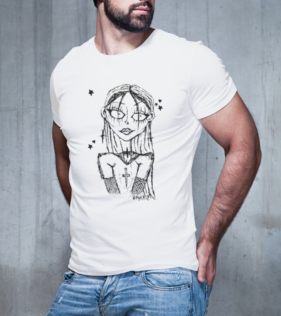 Cream Sketch Bronnie Gothic Character With Cross And Stars T-Shirt