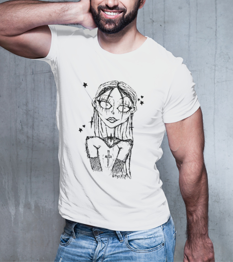 Cream Sketch Bronnie Gothic Character With Cross And Stars T-Shirt