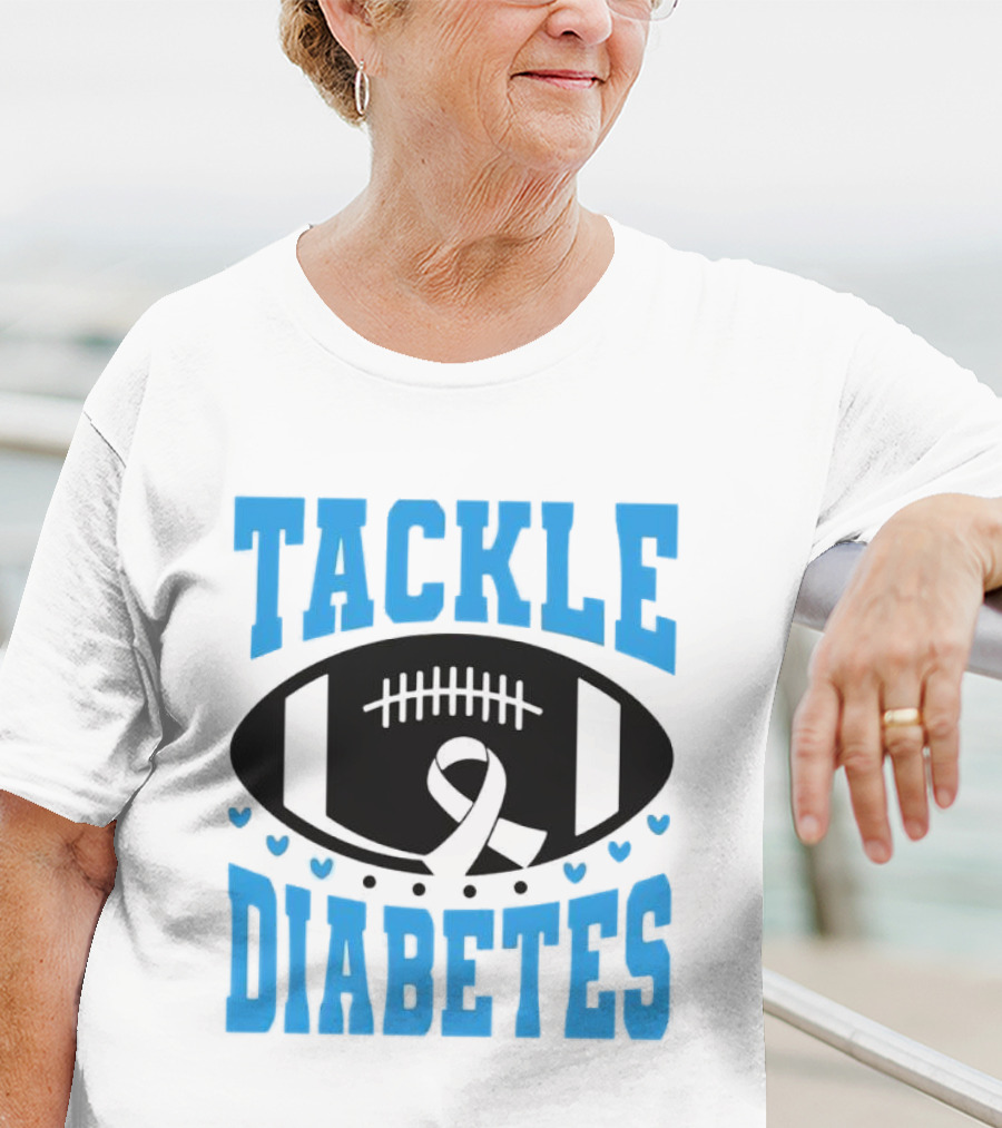 Tackle Diabetes Awareness Football Design With Blue Ribbon And Hearts T-Shirt