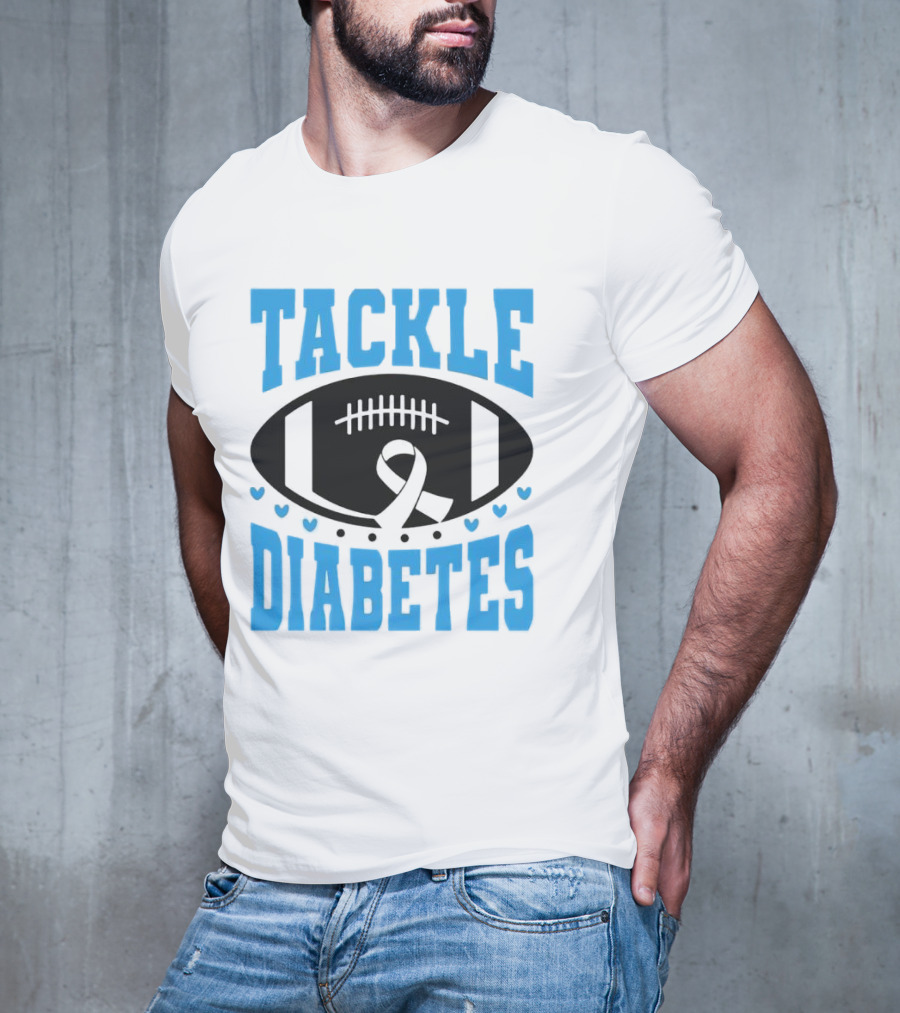 Tackle Diabetes Awareness Football Design With Blue Ribbon And Hearts T-Shirt