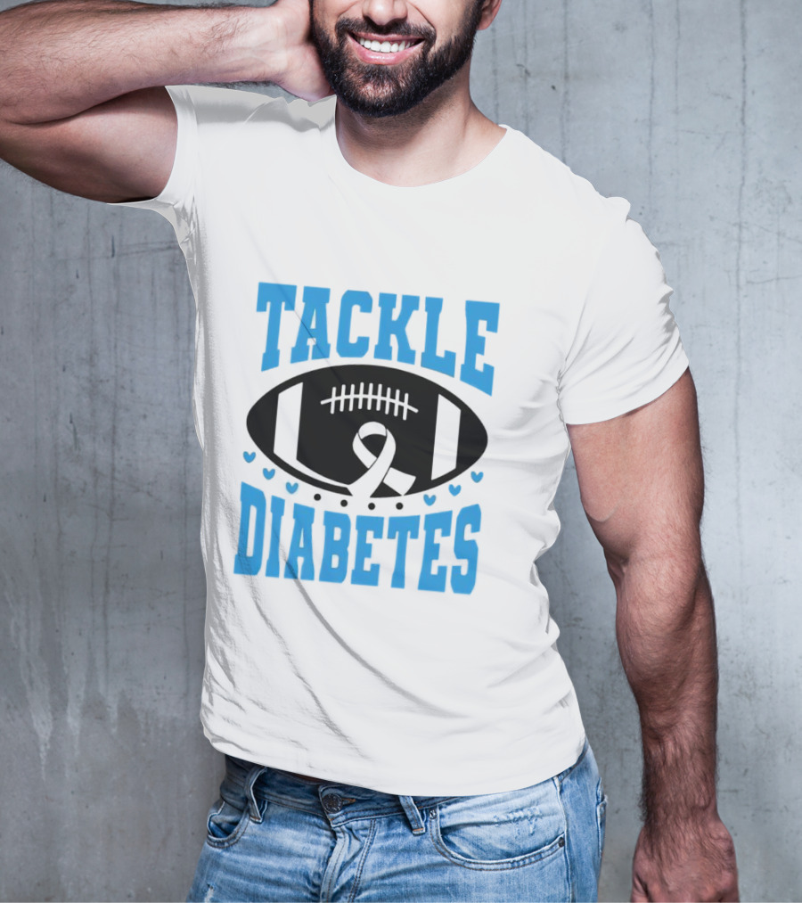 Tackle Diabetes Awareness Football Design With Blue Ribbon And Hearts T-Shirt