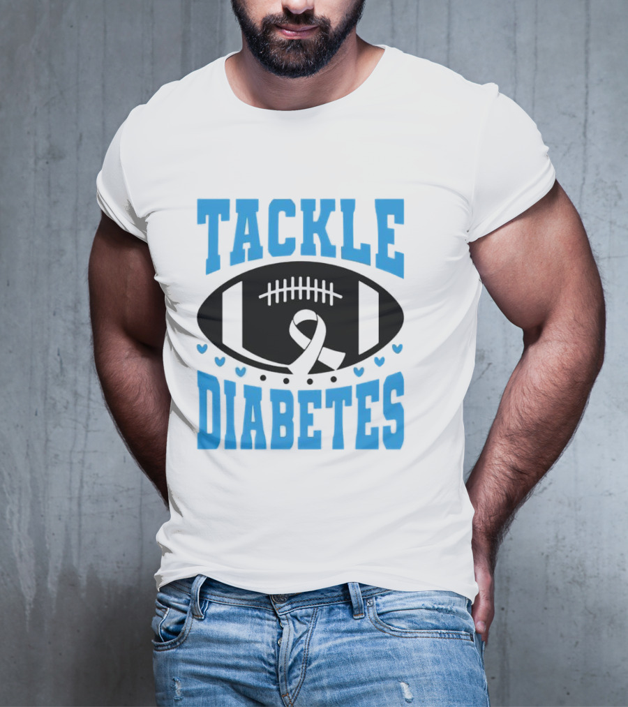Tackle Diabetes Awareness Football Design With Blue Ribbon And Hearts T-Shirt