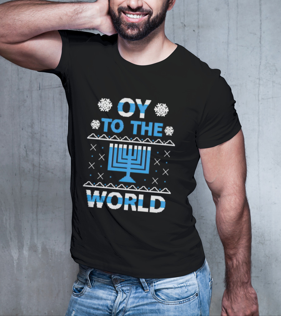 Oy To The World Happy Hanukkah Menorah Snowflakes T-Shirt