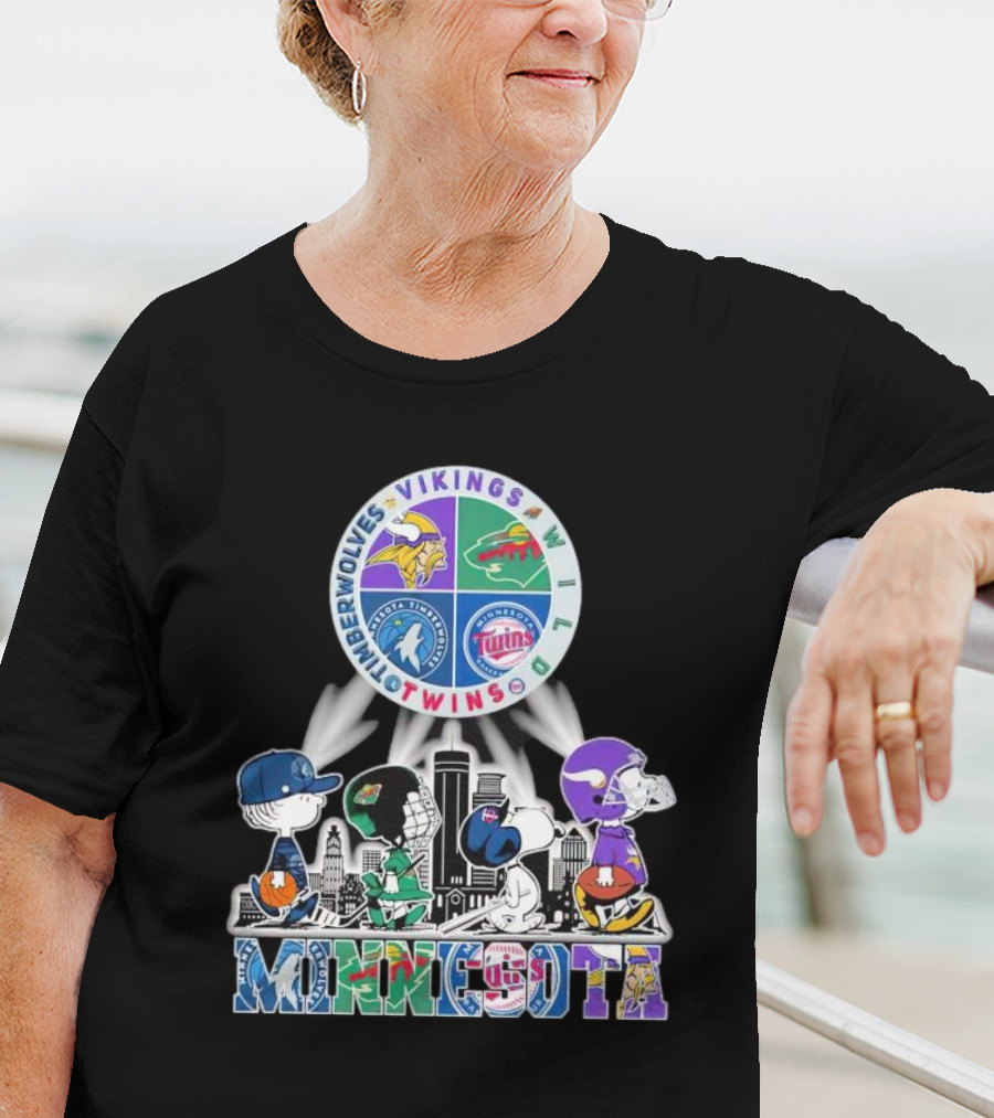 Peanuts Characters Minnesota Vikings Timberwolves Wild Twins Walking In Minnesota T-Shirt