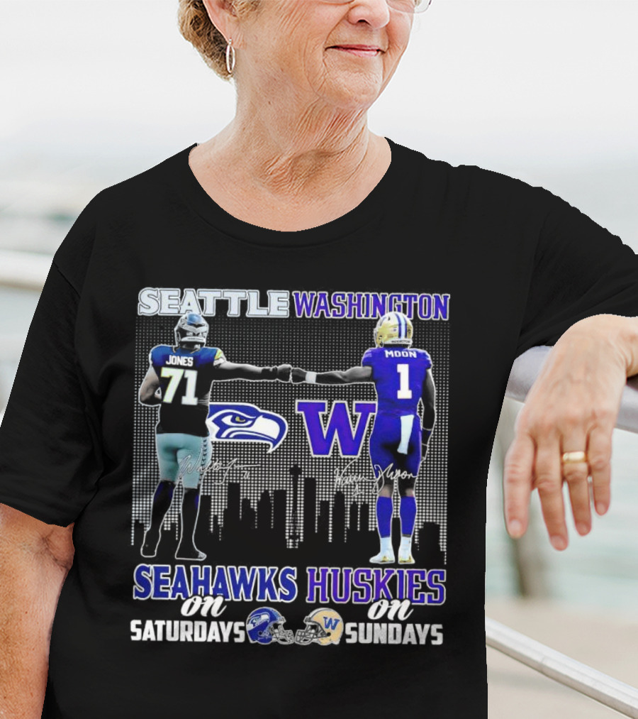 Seattle Seahawks Jones Saturdays Washington Huskies Moon Sundays T-Shirt