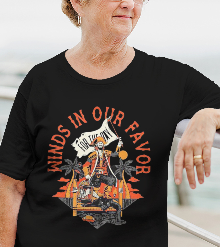 Winds In Our Favor Pirate With Flag And Parrot Tropical Scene T-Shirt