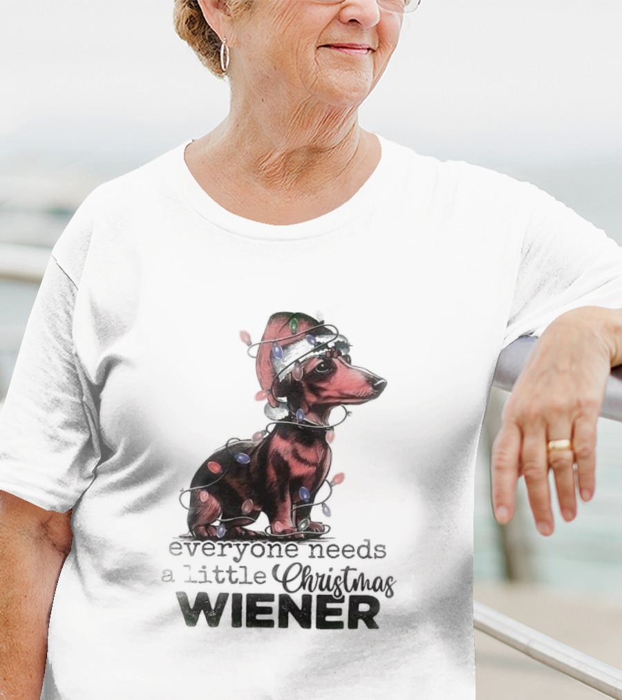 Everyone Needs A Little Christmas Wiener Dachshund With Lights And Santa Hat T-Shirt