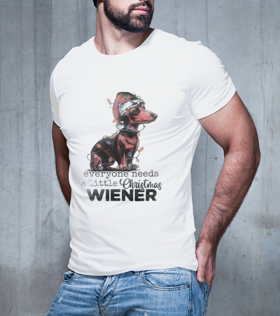 Everyone Needs A Little Christmas Wiener Dachshund With Lights And Santa Hat T-Shirt
