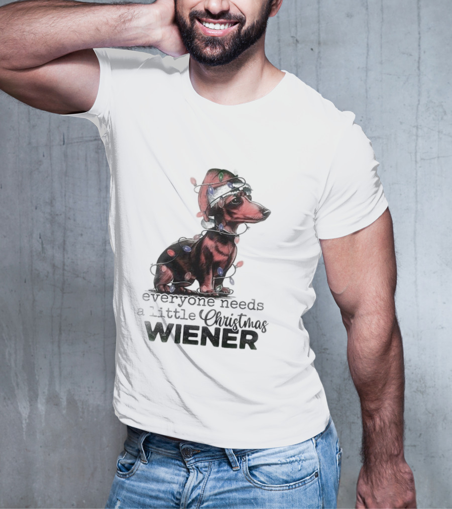Everyone Needs A Little Christmas Wiener Dachshund With Lights And Santa Hat T-Shirt