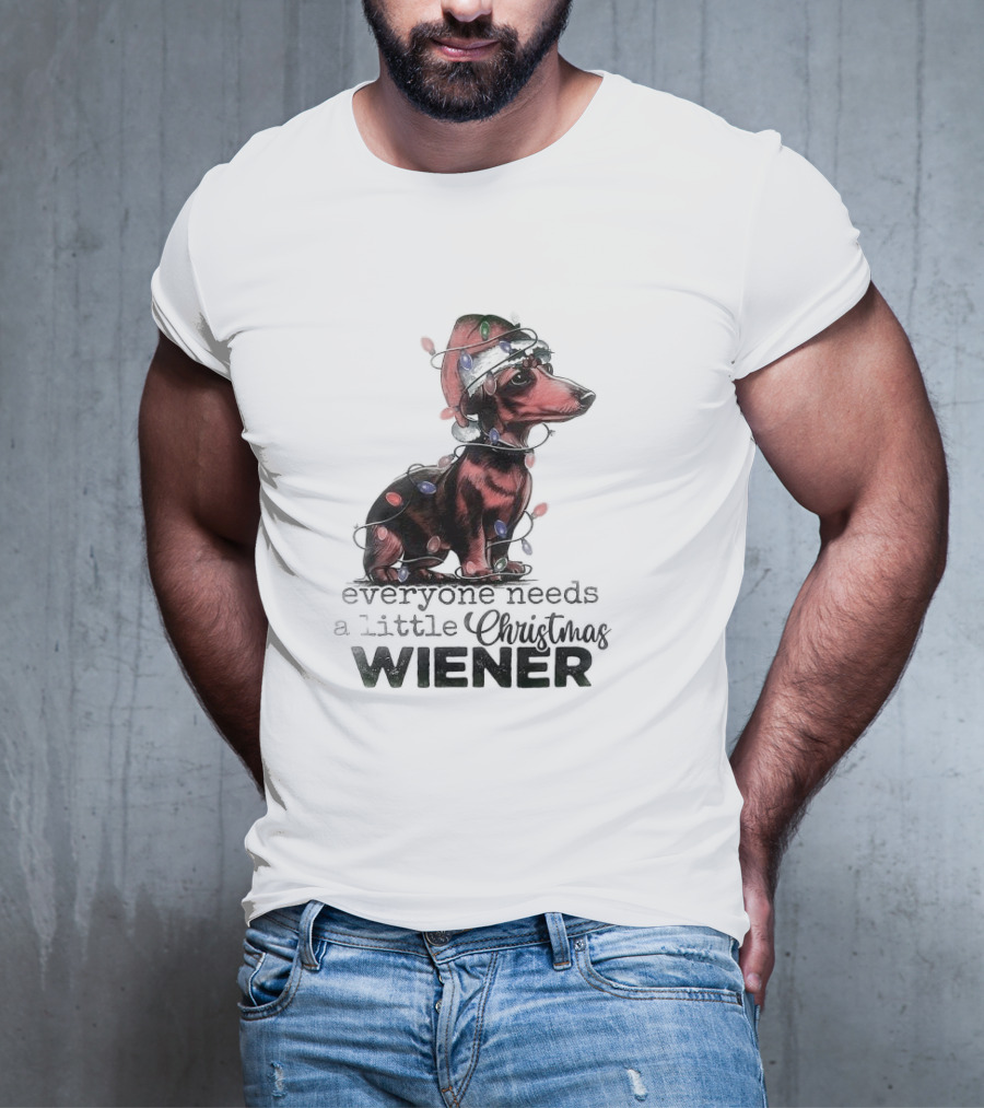 Everyone Needs A Little Christmas Wiener Dachshund With Lights And Santa Hat T-Shirt