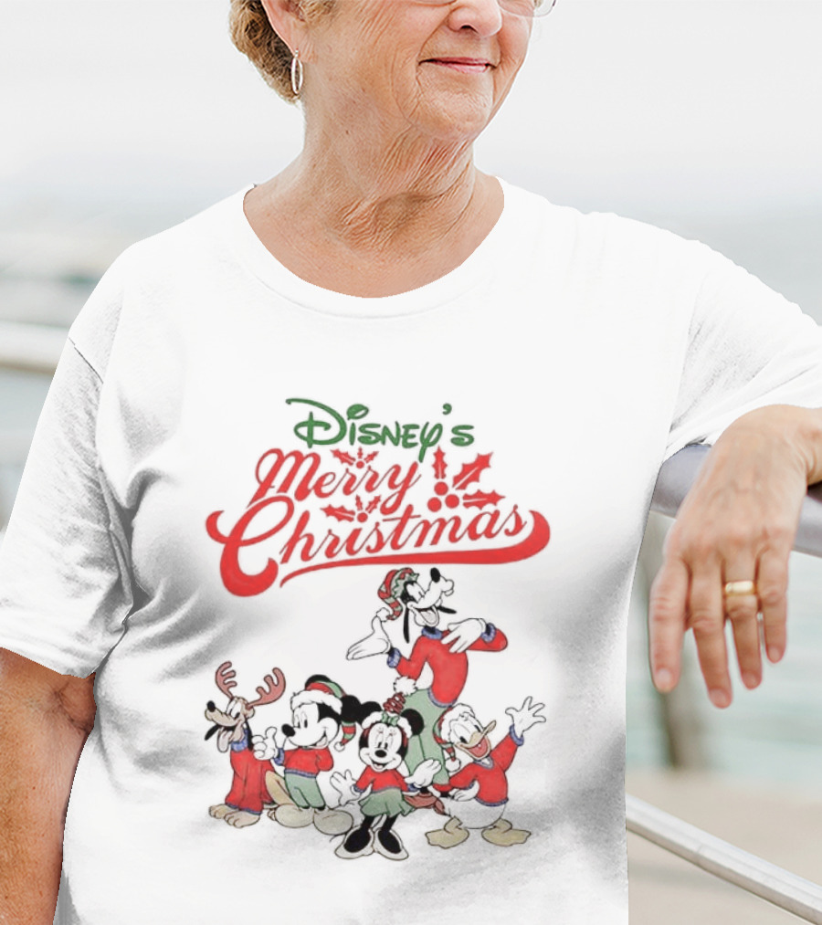 Disney’s Merry Christmas Mickey Minnie Goofy Pluto Festive Holiday T-Shirt