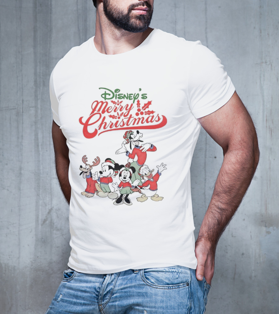 Disney’s Merry Christmas Mickey Minnie Goofy Pluto Festive Holiday T-Shirt