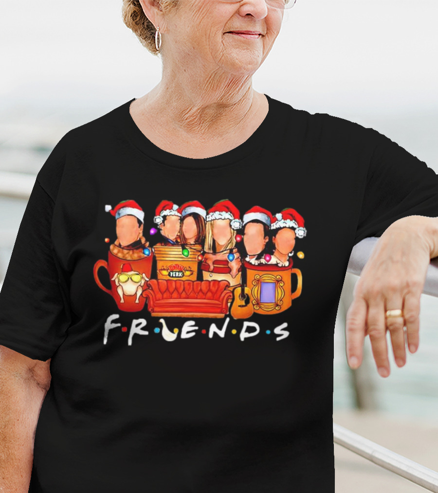 Friends Christmas Santa Hats Couch Central Perk Logo Mugs Guitar T-Shirt