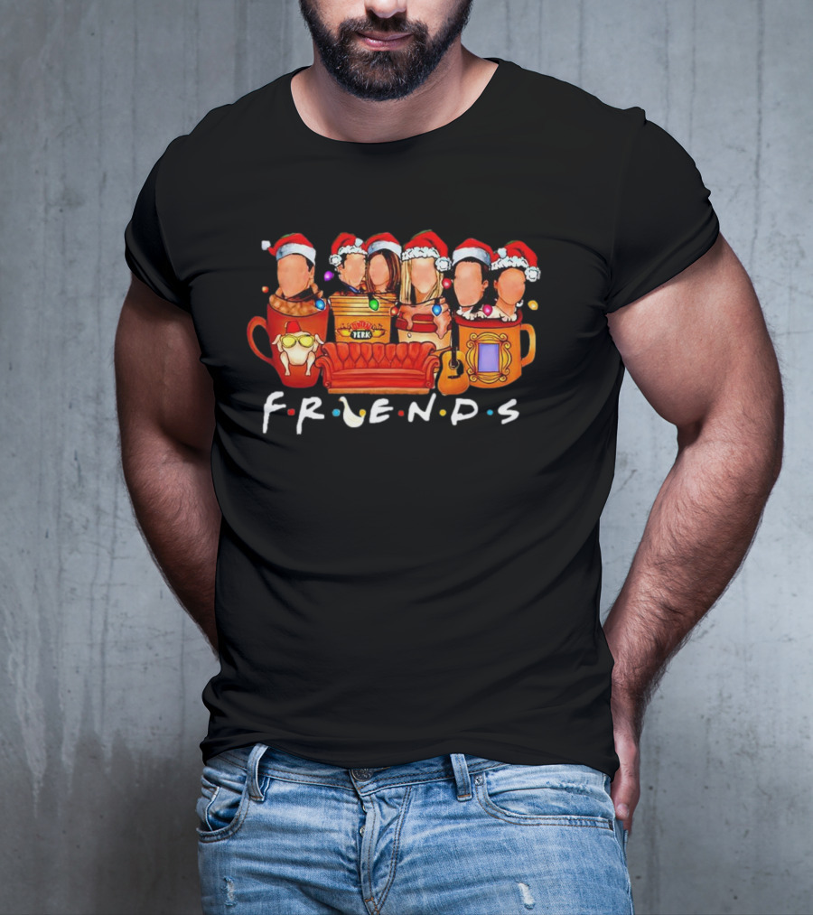 Friends Christmas Santa Hats Couch Central Perk Logo Mugs Guitar T-Shirt