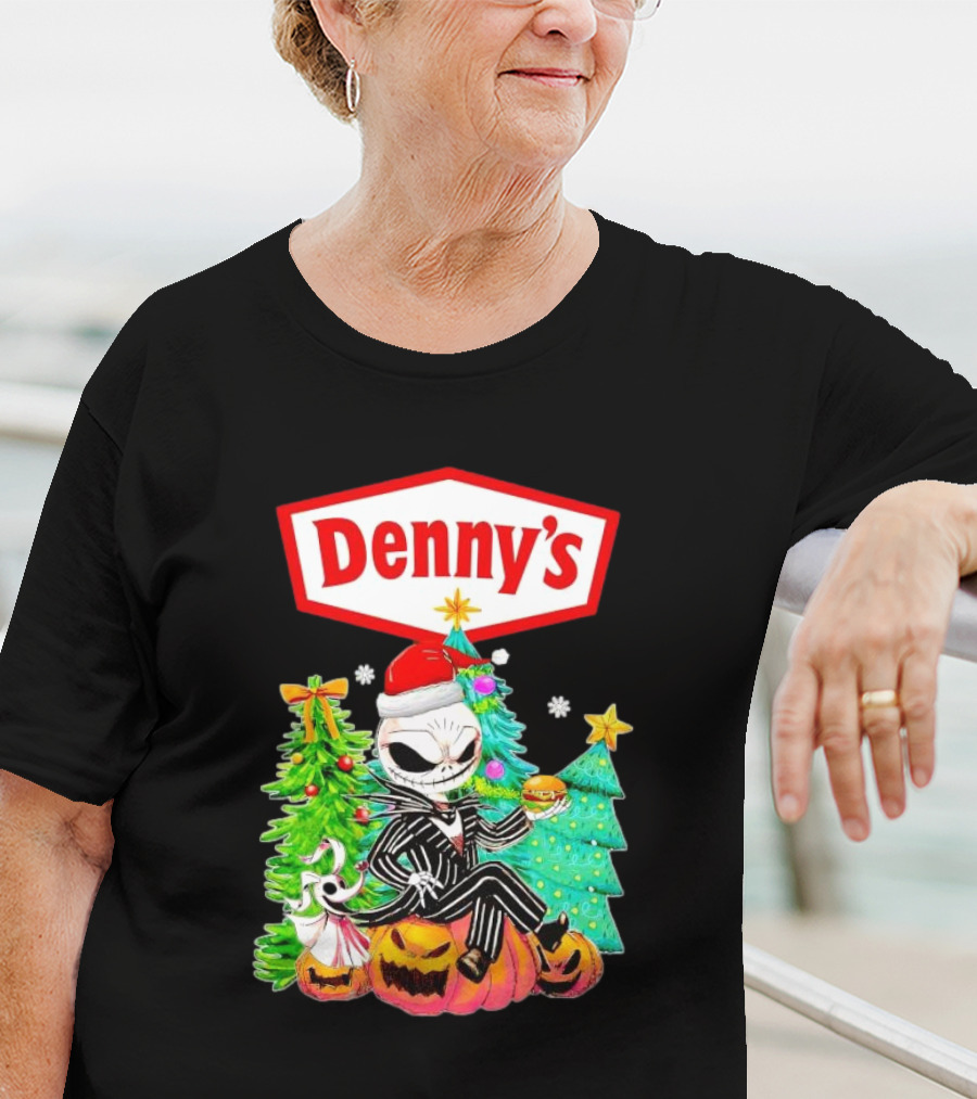 Denny’s Jack Skellington Santa Sitting On Pumpkins With Christmas Trees T-Shirt