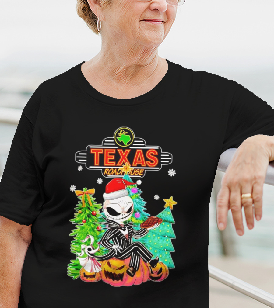 Jack Skellington Christmas With Texas Roadhouse Pumpkin And Christmas Trees T-Shirt