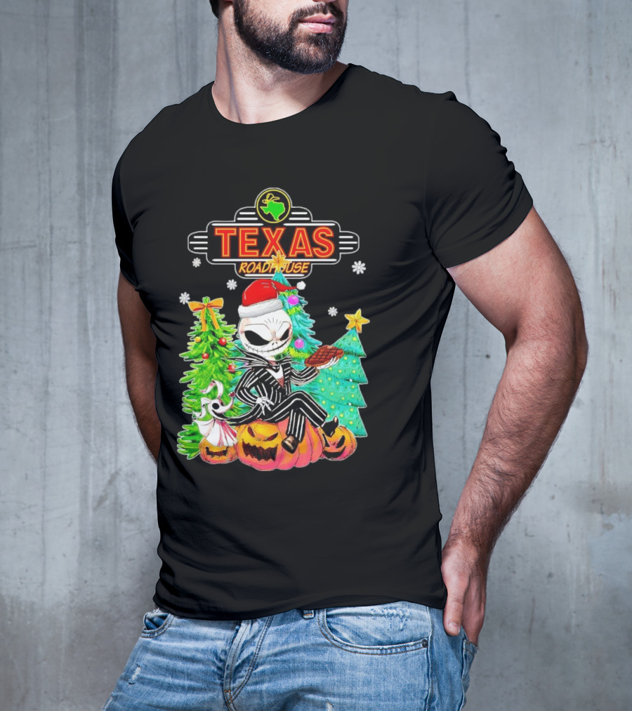Jack Skellington Christmas With Texas Roadhouse Pumpkin And Christmas Trees T-Shirt