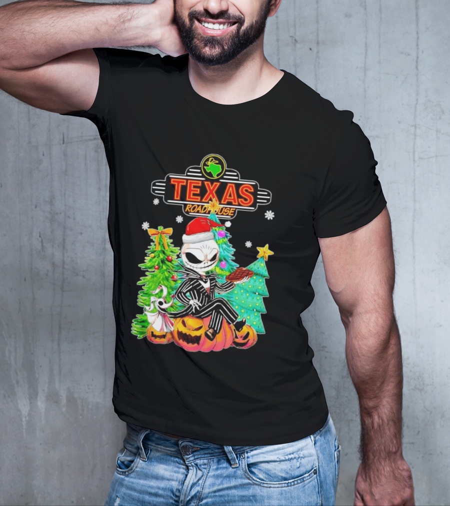 Jack Skellington Christmas With Texas Roadhouse Pumpkin And Christmas Trees T-Shirt