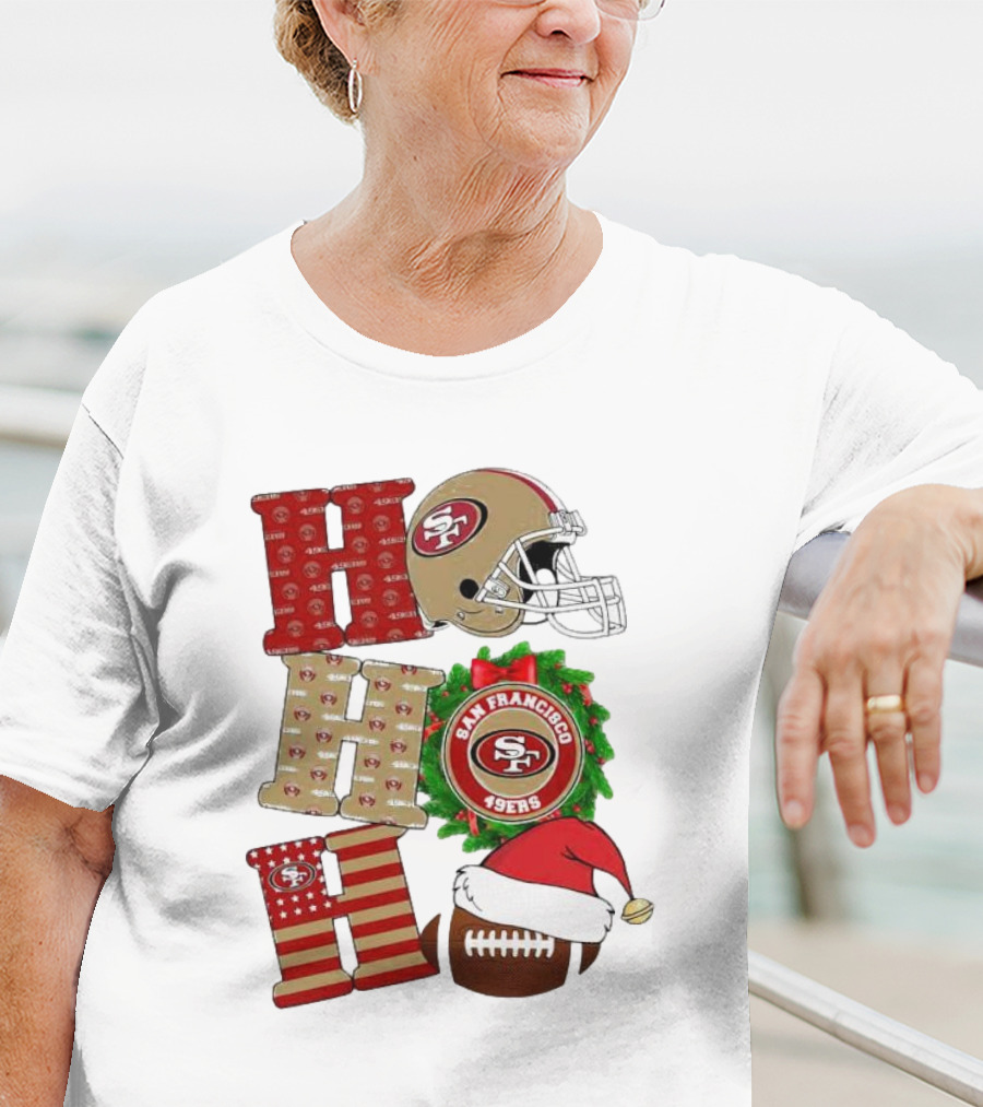 San Francisco 49ers Ho Ho Ho Merry Christmas Football Helmet Wreath Santa Hat T-Shirt