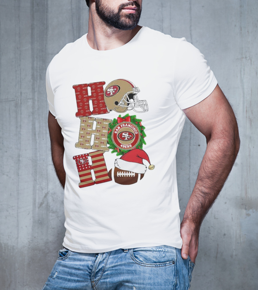 San Francisco 49ers Ho Ho Ho Merry Christmas Football Helmet Wreath Santa Hat T-Shirt