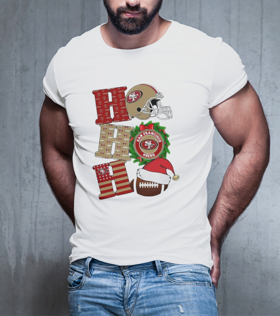 San Francisco 49ers Ho Ho Ho Merry Christmas Football Helmet Wreath Santa Hat T-Shirt